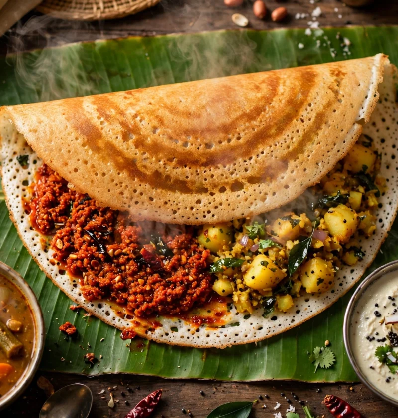 Mysore dosa recipe – golden crispy mysore dosa folded over red garlic chutney and potato masala on a banana leaf with coconut chutney and sambar