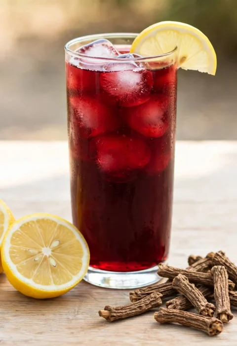 Nannari sharbat recipe – deep red nannari sharbat with ice and lemon