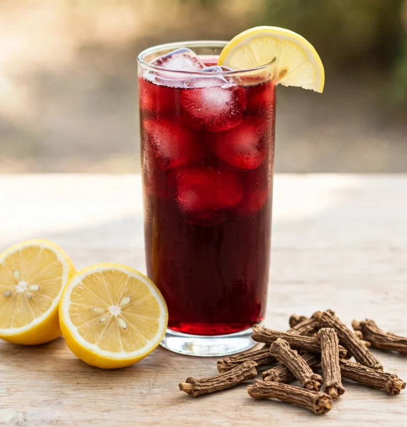 Nannari sharbat recipe – deep red nannari sharbat with ice and lemon