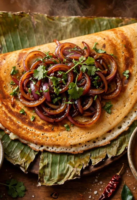 Onion dosa recipe – golden crispy onion dosa with caramelized red onions and cilantro on a banana leaf with coconut chutney and sambar