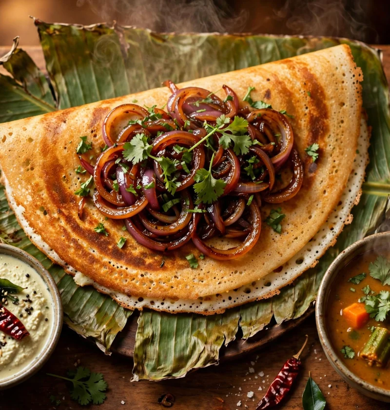 Onion dosa recipe – golden crispy onion dosa with caramelized red onions and cilantro on a banana leaf with coconut chutney and sambar