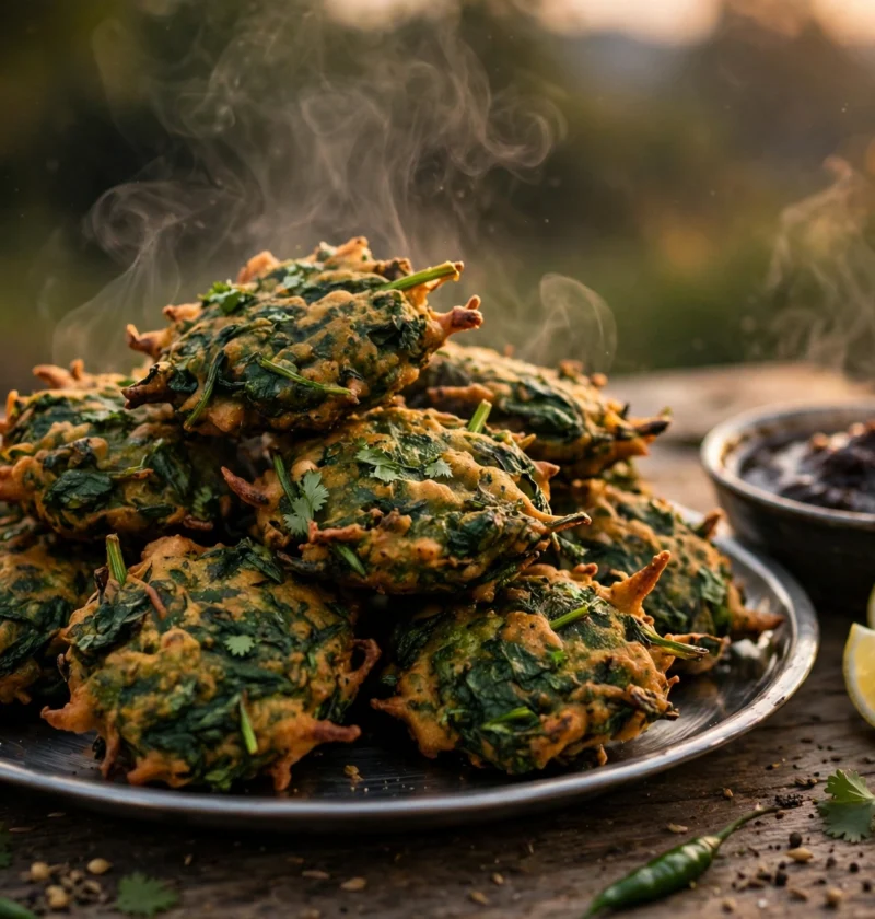 Palak pakora recipe – crisp spinach pakoras with tamarind chutney and lemon