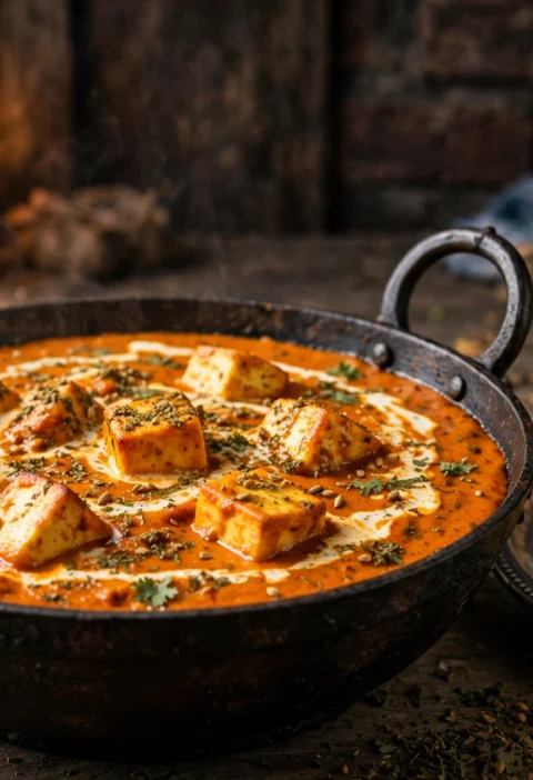 Paneer lababdar recipe – paneer cubes in creamy tomato gravy with a cream drizzle and kasuri methi