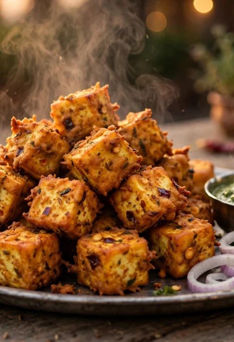 Paneer pakora recipe – golden paneer cubes with mint chutney and onion rings