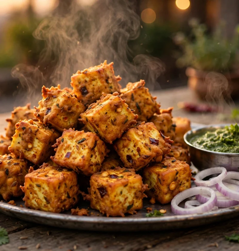 Paneer pakora recipe – golden paneer cubes with mint chutney and onion rings