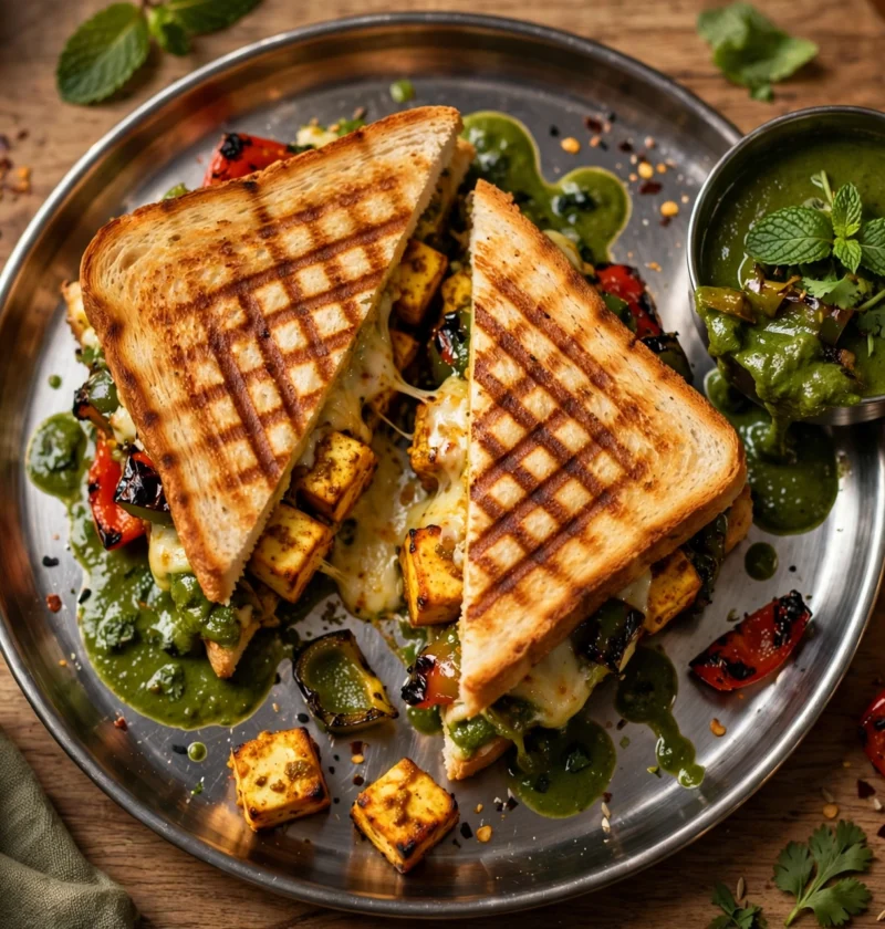 Paneer sandwich recipe – grilled paneer sandwich cut diagonally with spiced paneer, peppers and melted cheese