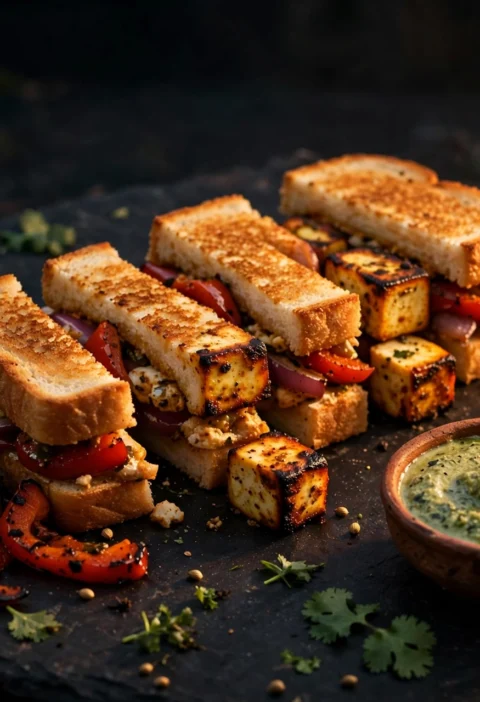 Paneer tikka sandwich recipe – smoky paneer tikka sandwich fingers on a black slate board