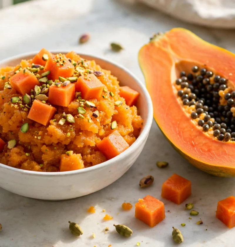 Papaya halwa recipe – orange papaya halwa in a white bowl with papaya cubes and pistachios