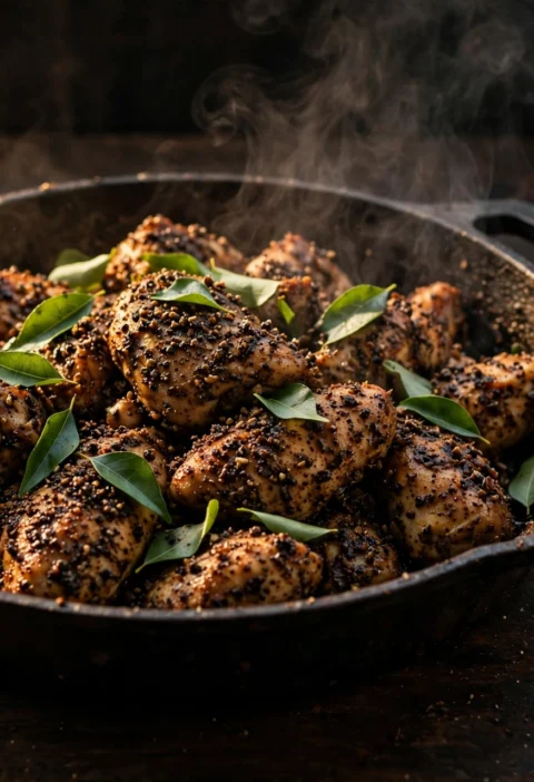 Pepper chicken recipe – dry Chettinad-style pepper chicken in a cast iron skillet with crushed black pepper and curry leaves