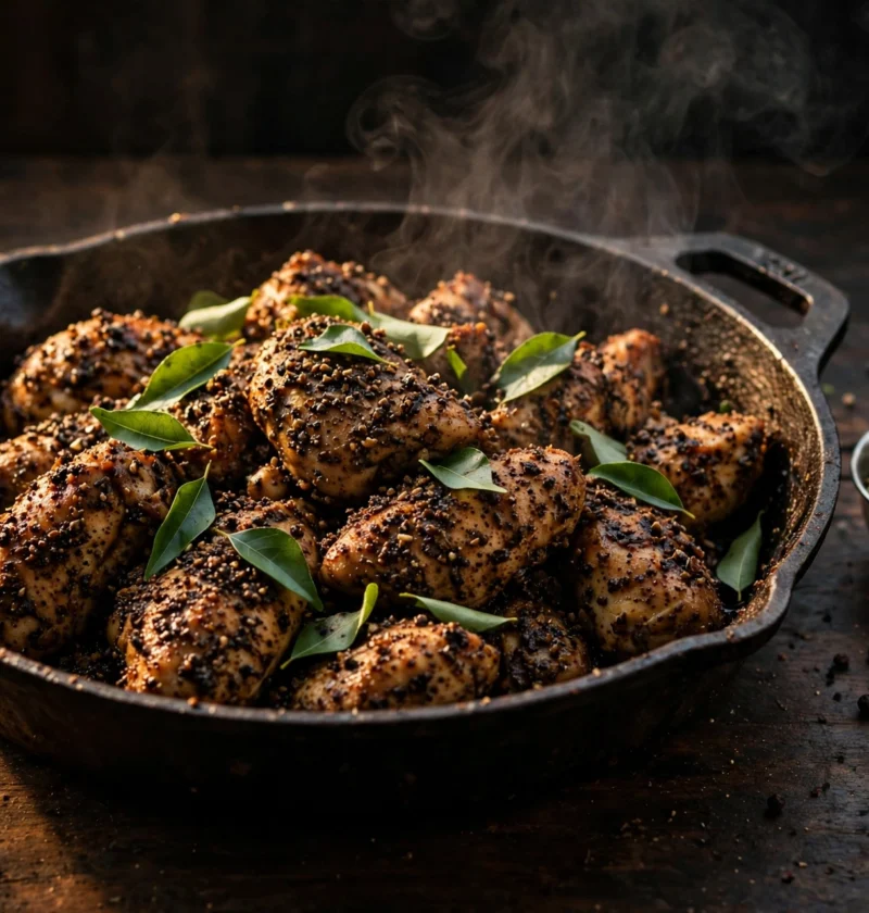 Pepper chicken recipe – dry Chettinad-style pepper chicken in a cast iron skillet with crushed black pepper and curry leaves