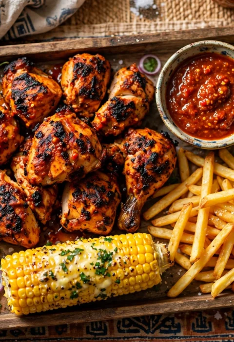 Peri Peri Chicken – flame-grilled chicken with glossy chili sauce and charred edges.