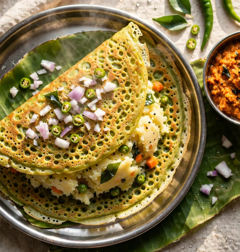 Pesarattu – crisp moong dal crepe with onion topping