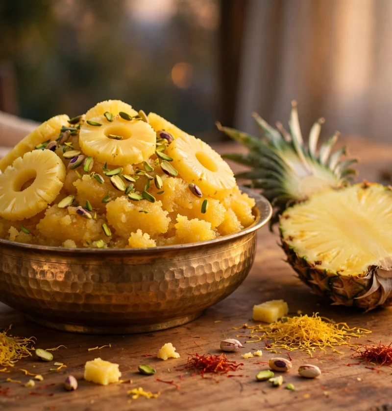 Pineapple halwa recipe – golden pineapple halwa in a brass bowl with pineapple rings