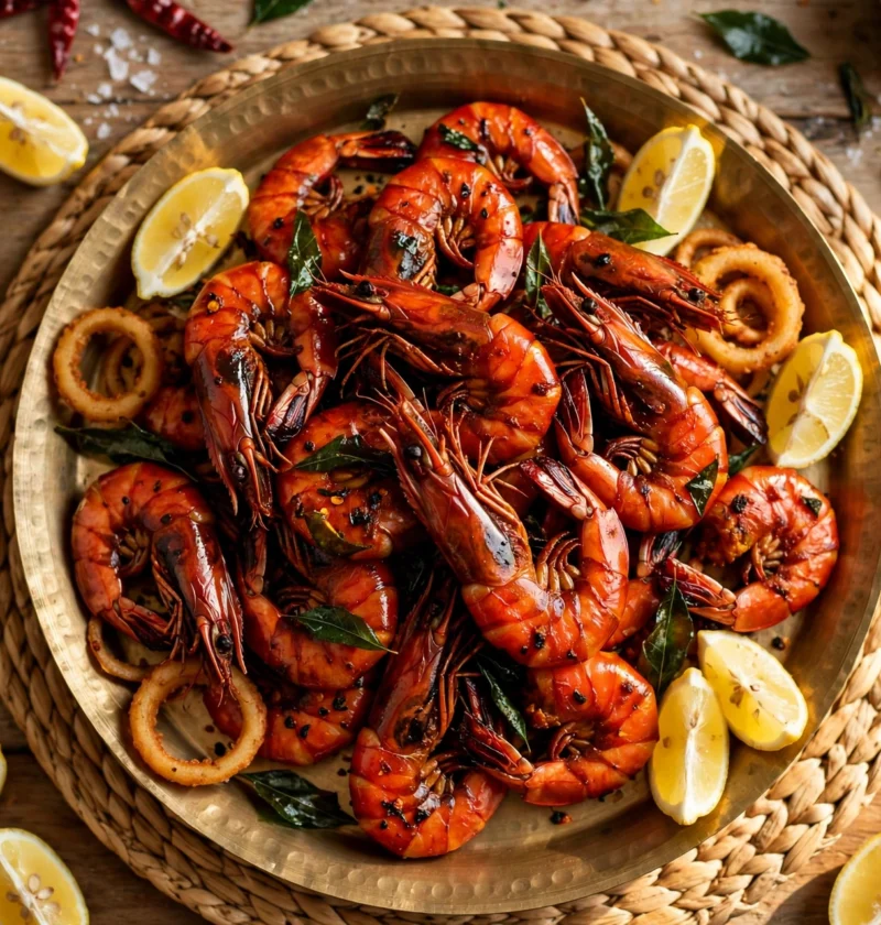 Prawn 65 recipe – glossy red prawn 65 with curled tails on a brass plate with fried curry leaves, lemon wedges and onion rings