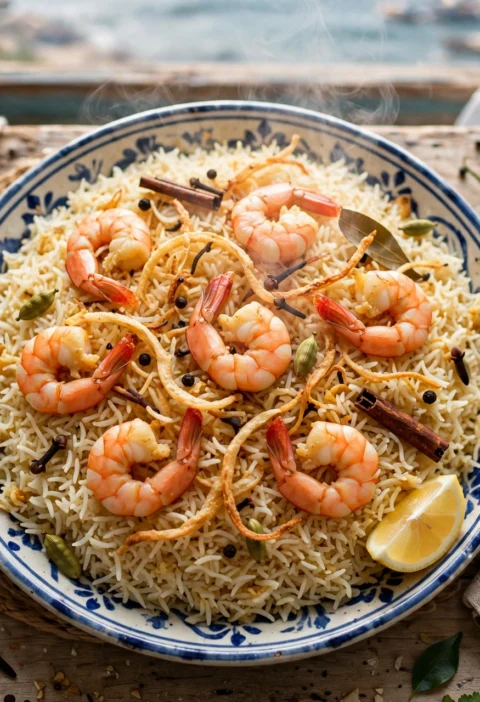 Prawn Pulao – fragrant rice with prawns, whole spices and lemon.