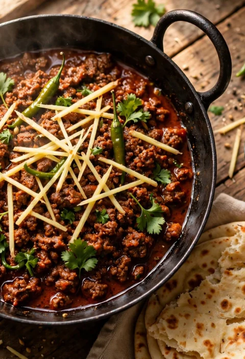 Qeema Karahi – beef mince karahi with tomatoes, ginger and green chilies