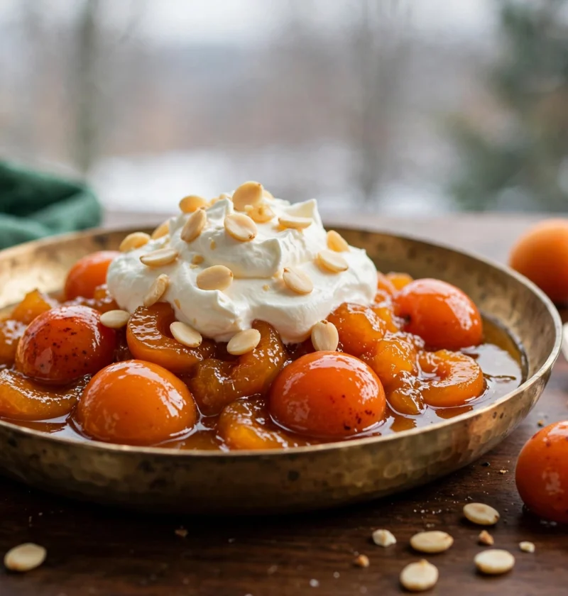 Qubani ka meetha recipe – glossy amber apricot compote with malai cream and apricot kernels in a brass bowl