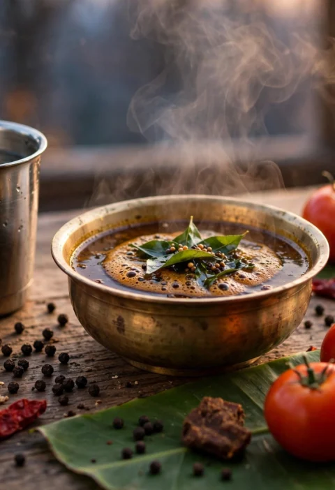 Rasam – peppery tamarind broth with curry leaf tempering
