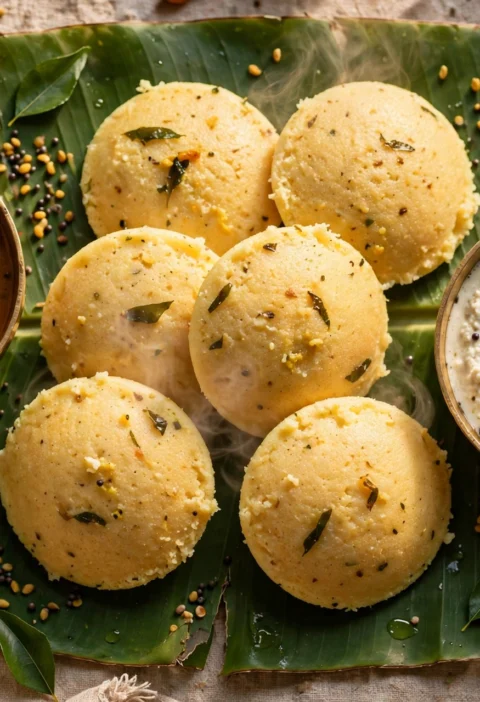 Rava idli recipe – soft golden rava idlis on a banana leaf with coconut chutney and sambar