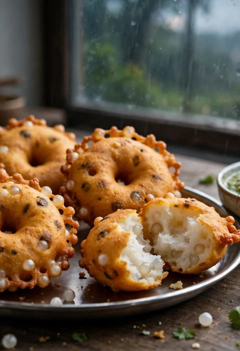 Sabudana vada recipe – crisp golden tapioca patties with green coconut chutney and fried chillies on a steel plate