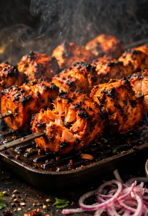 Salmon Tikka – charred spiced salmon skewers