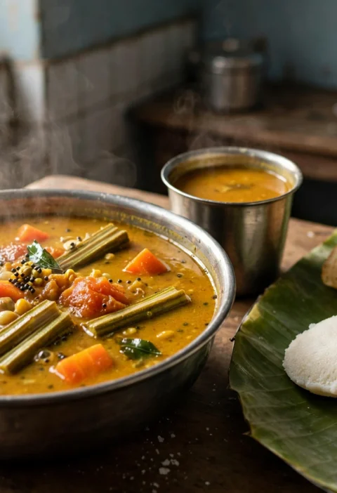 Sambar – lentil and vegetable stew with a sizzling tempering.