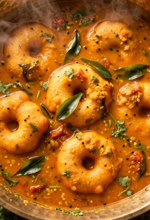 Sambar vada recipe – golden medu vadas soaked in rich orange sambar in a brass bowl with curry leaves and cilantro