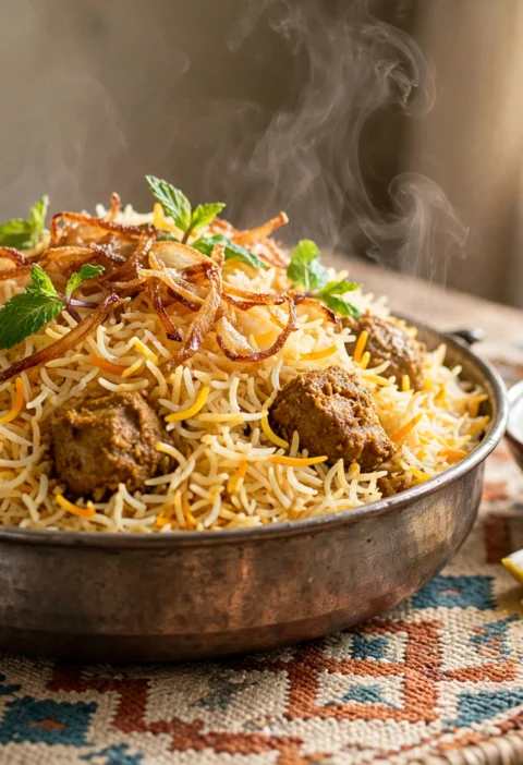 Soya Biryani – dum-layered basmati with masala soya chunks and fried onions.