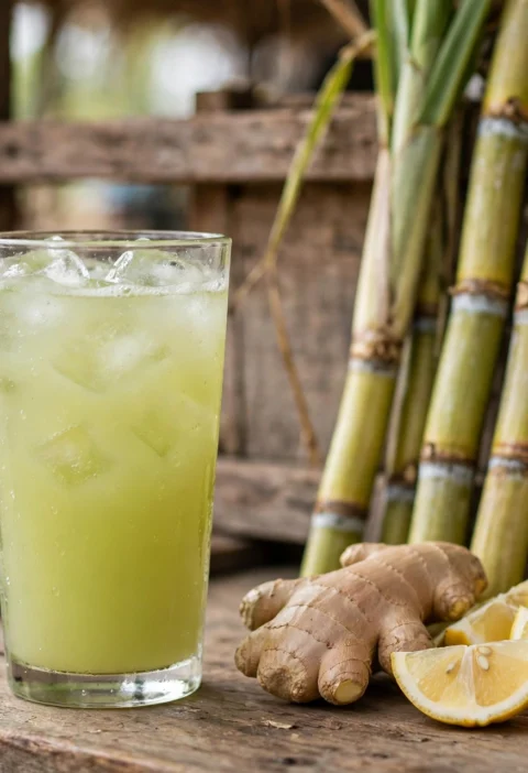 Sugarcane juice recipe – pale green sugarcane juice with ice, ginger and lemon