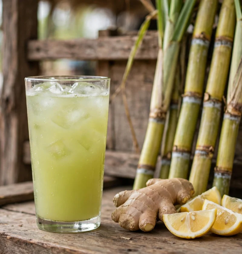 Sugarcane juice recipe – pale green sugarcane juice with ice, ginger and lemon