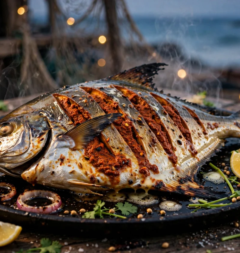Tandoori Pomfret – whole pomfret with charred tandoori marinade