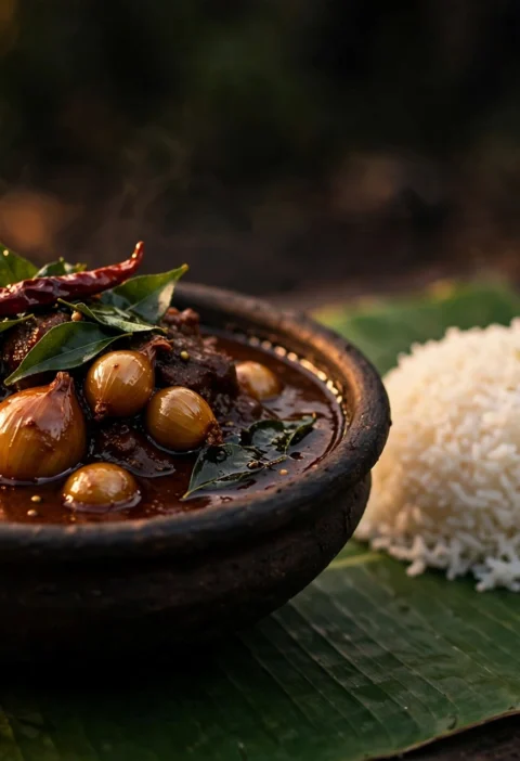 Theeyal – dark roasted coconut curry with whole shallots.