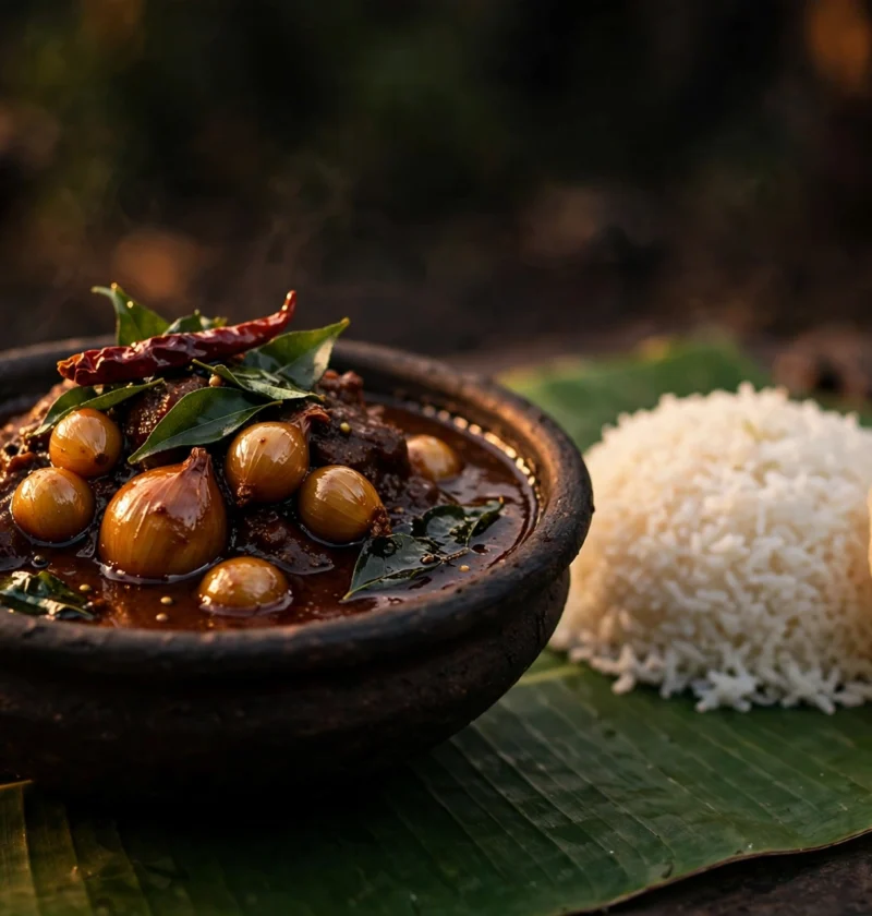 Theeyal – dark roasted coconut curry with whole shallots.