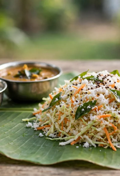 Thoran – dry coconut cabbage stir-fry on a banana leaf