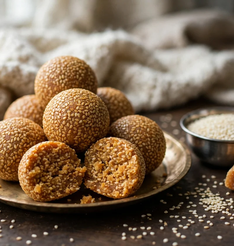 Til laddu recipe – golden sesame jaggery ladoos piled on a brass plate with sesame seeds and jaggery