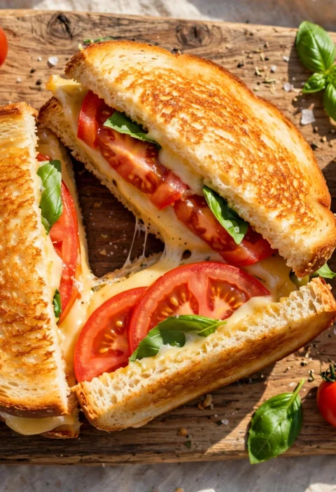 Tomato sandwich recipe – golden toasted tomato sandwich with juicy tomato slices, melted cheese and basil