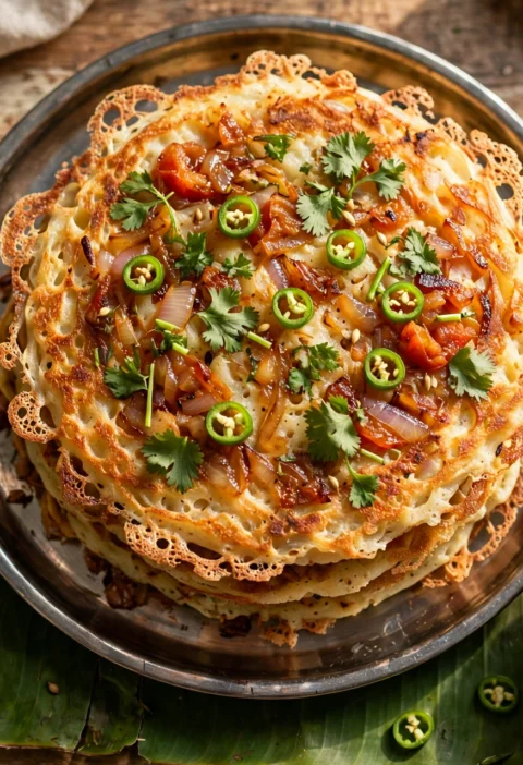 Uttapam – thick fluffy pancake with onion, tomato and coriander