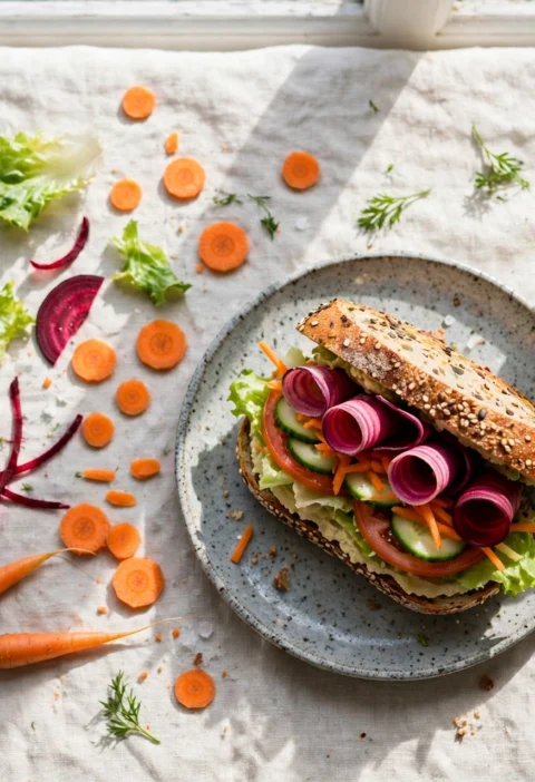Veg sandwich recipe – open veg sandwich with colourful vegetable layers on a ceramic plate