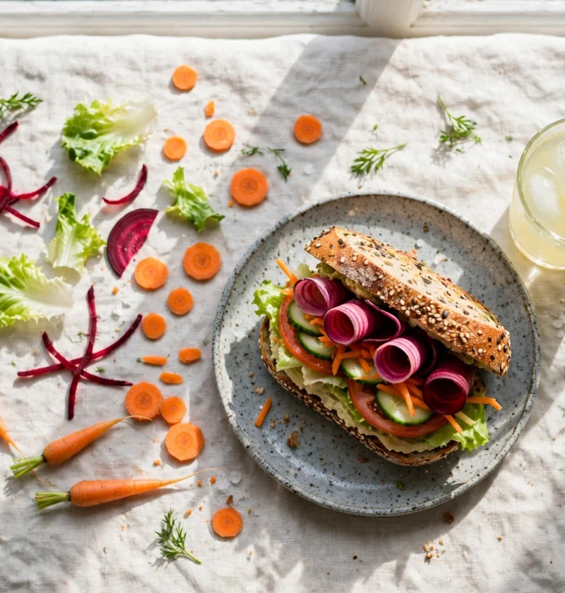 Veg sandwich recipe – open veg sandwich with colourful vegetable layers on a ceramic plate