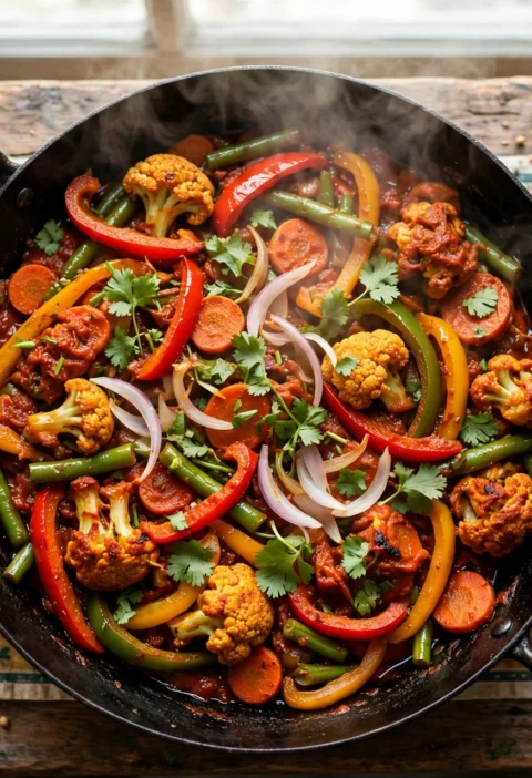 Vegetable Jalfrezi – crisp peppers and cauliflower in a tangy tomato masala