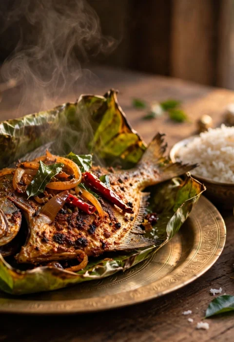 Meen pollichathu recipe – banana leaf parcel of smoky masala-coated grilled pomfret with caramelized onions and curry leaves