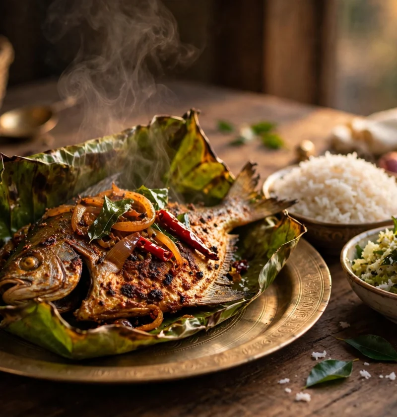 Meen pollichathu recipe – banana leaf parcel of smoky masala-coated grilled pomfret with caramelized onions and curry leaves