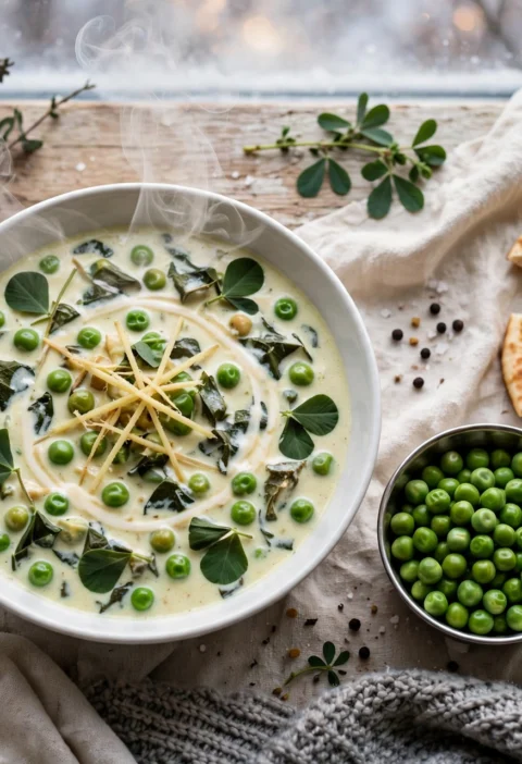 Methi malai matar recipe – fenugreek leaves and green peas in a creamy white cashew gravy with a cream swirl and naan
