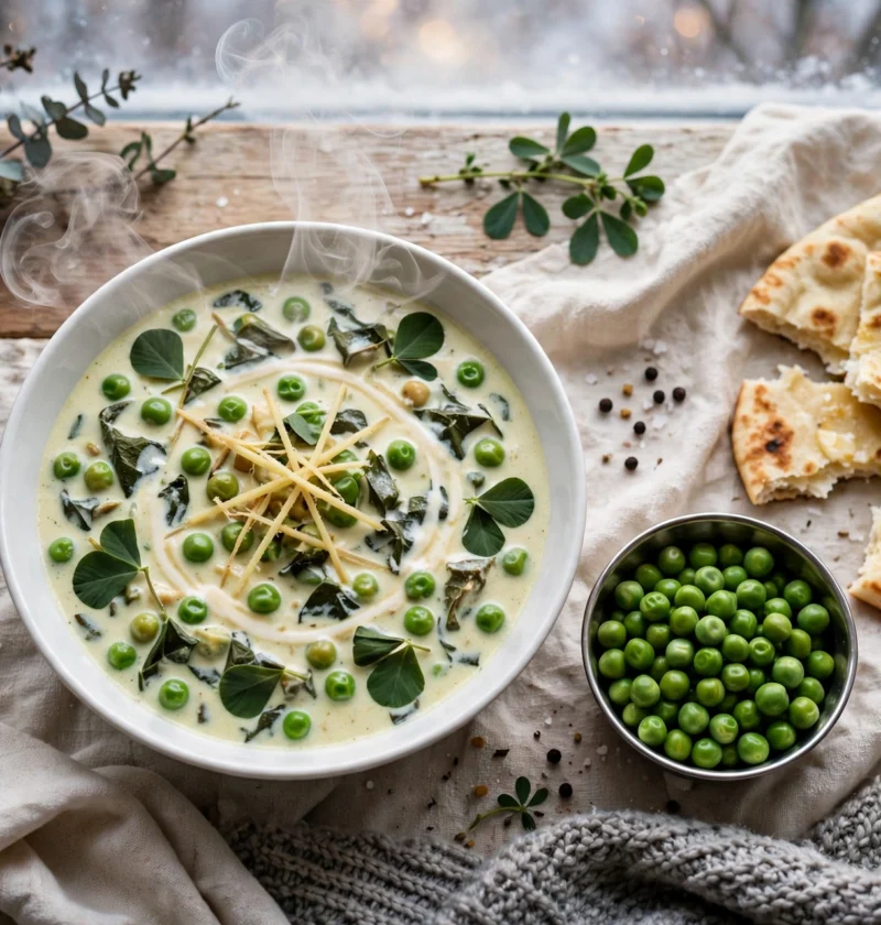 Methi malai matar recipe – fenugreek leaves and green peas in a creamy white cashew gravy with a cream swirl and naan
