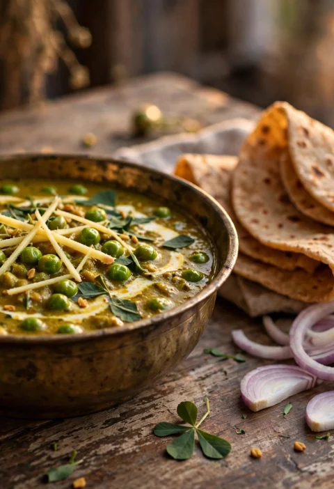 Methi matar recipe – fenugreek pea curry with rotis and onion rings