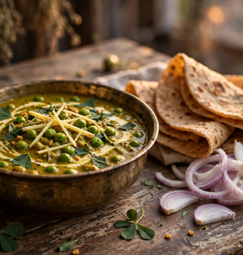 Methi matar recipe – fenugreek pea curry with rotis and onion rings