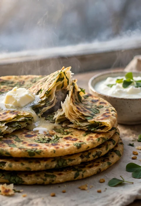 Methi Paratha – fenugreek parathas with white butter