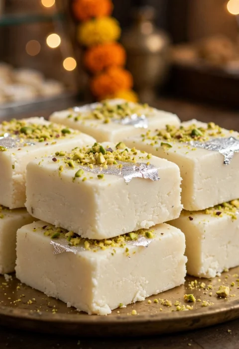 Milk barfi – creamy dense squares with pistachios and silver leaf