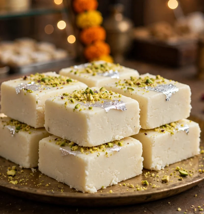 Milk barfi – creamy dense squares with pistachios and silver leaf