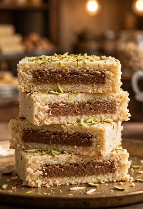 Milk cake recipe – grainy milk cake slices with a darker caramel centre and pistachios on a brass plate